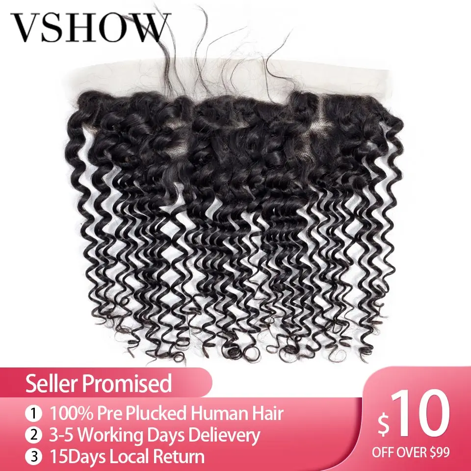 VSHOW Peruvian Deep Wave 13x4 Lace Frontal Remy Human Hair Pre Plucked Frontal Closure With Baby Hair Ear To Ear Swiss Lace