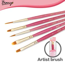 Bianyo 5Pcs Artist Nylon Hair Pink Wooden Arylic PaintBrush Set For Oil Watercolor Gouache Drawing Art Supplies
