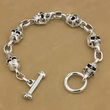 LINSION 925 пробы Серебряный ручной работы череп мужские Мальчики байкер браслет панк-рок 9N022