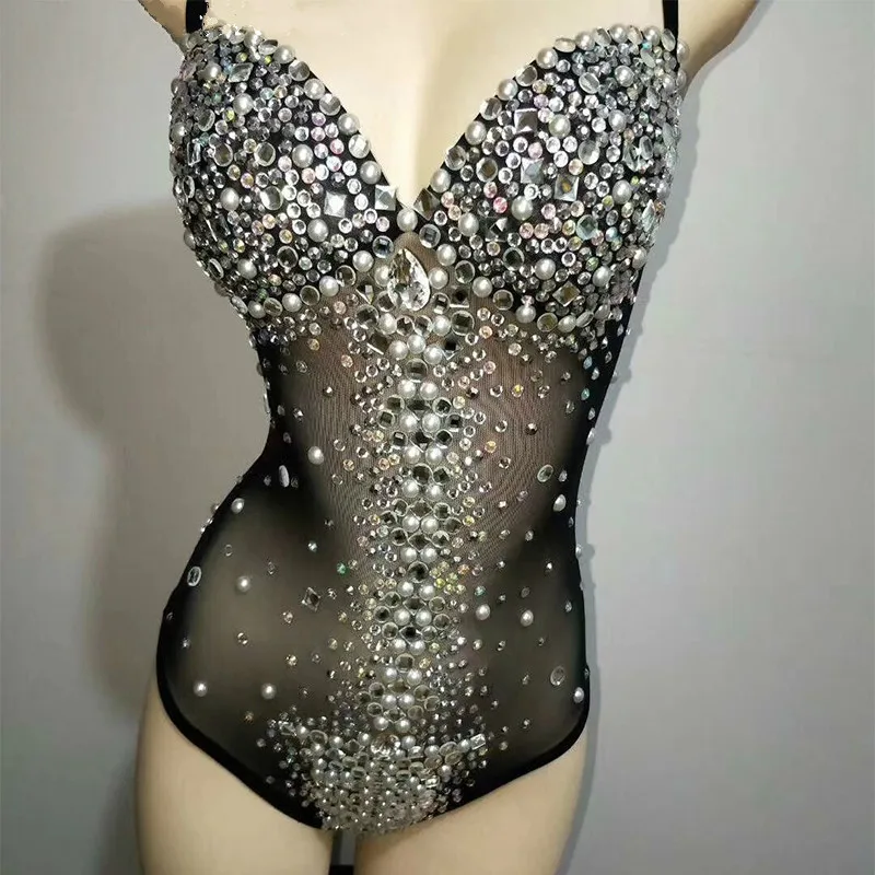Black Sparkly Rhinestones Bodysuit Women Sexy Jumpsuit Bar DJ