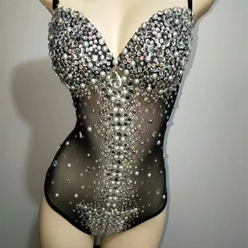

Black Sparkly Rhinestones Bodysuit Women Sexy Jumpsuit Nightclub Bar DJ DS Teams Jazz Stage Dance Wear Female Singer Costume