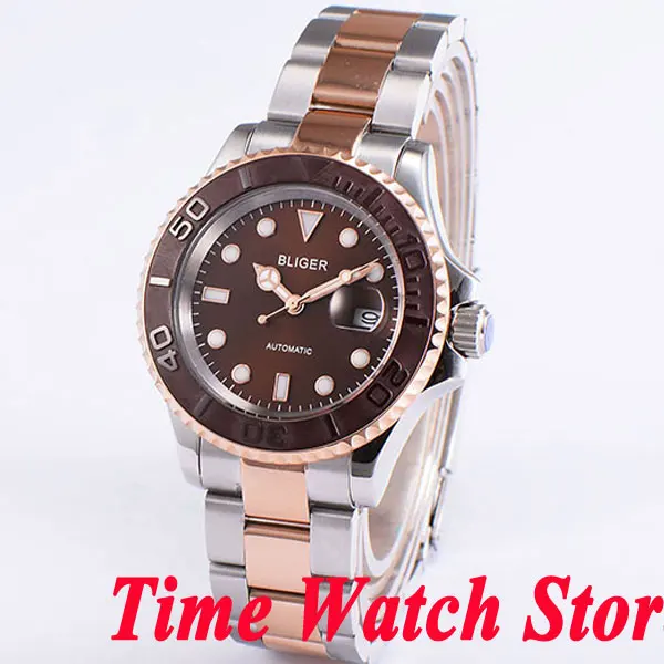 Bliger 40mm brown dial date magnifier saphire glass gold plated