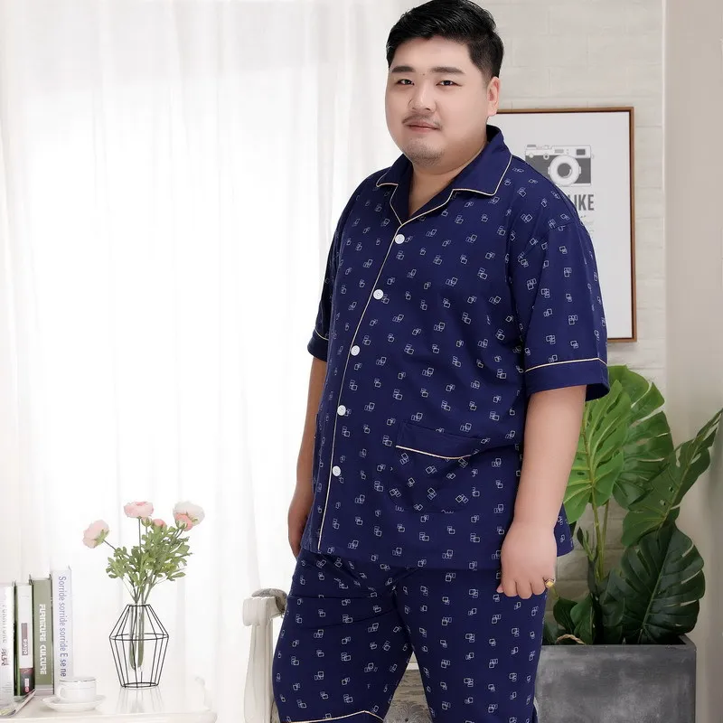Мужские пижамы размера плюс с шортами, 140 кг 5XL, хлопок, пижамные комплекты, Мужские Простые повседневные пижамы с короткими рукавами для мужчин - Цвет: Синий