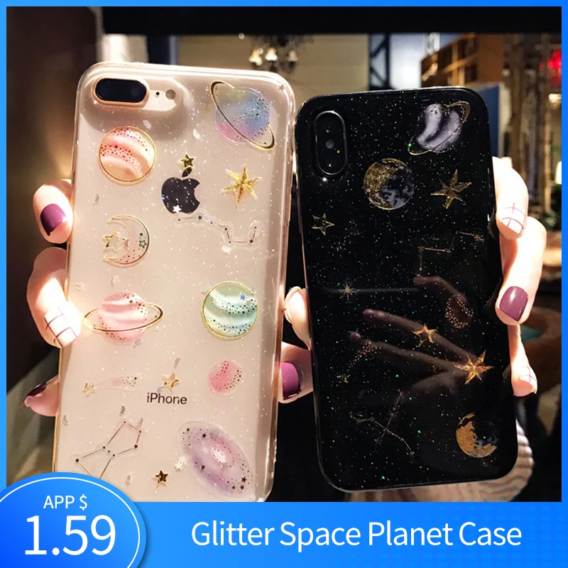 KSTUCNE الأزياء بريق الفضاء الكوكب الهاتف خزائن هاتف آيفون 7 XR XS ماكس 6 زائد ل iphone X 8 لينة السيليكون ستار الغطاء الخلفي حالة