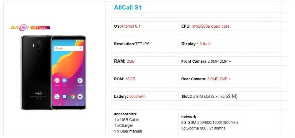 Оригинальный Allcall S1 5,5 "18:9 5000 mah Батарея Android 8,1 Mtk6580a 4 ядра 2 Гб оперативной памяти 16 Гб ПЗУ 8mp + 2mp камеры смартфона