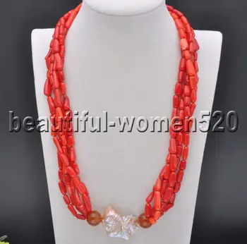 

Z7812 5Strands 32mm Pink Baroque Keshi Pearl Red Cylinder Coral Necklace 21inch
