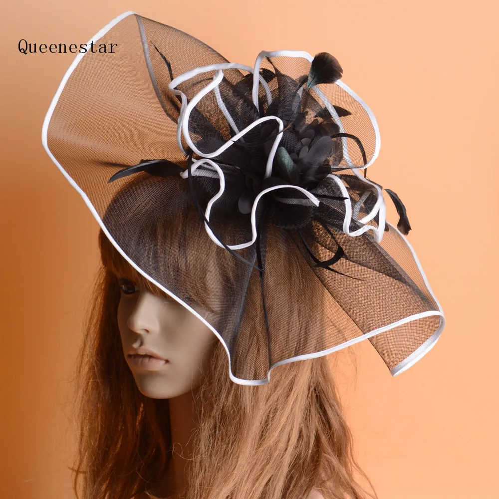 Super Big Beige Black Flower Fascinator Hat Ladies Mesh Feather