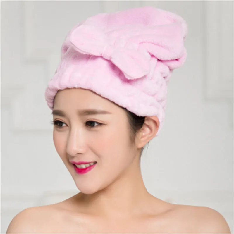 Бантик микрофибры носить шапочку для душа супер абсорбент сплошной цвет купальная ткань утолщенная сухая полотенце тюрбан 6 цветов - Цвет: Розовый