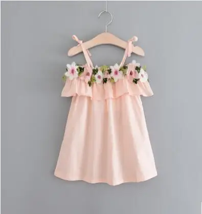 Летнее пляжное платье для девочек, милое вышитый ремешок, Детская Повседневная пляжная одежда - Цвет: Pink