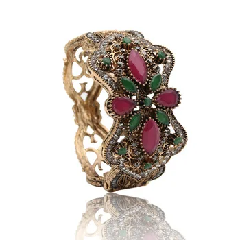 Luxuriant Antique Flower Turkish Bangle Wave Type Cuff Retro Gold Color Hollow Resin Bangle&Bracelet Arab Women Festival Bijoux