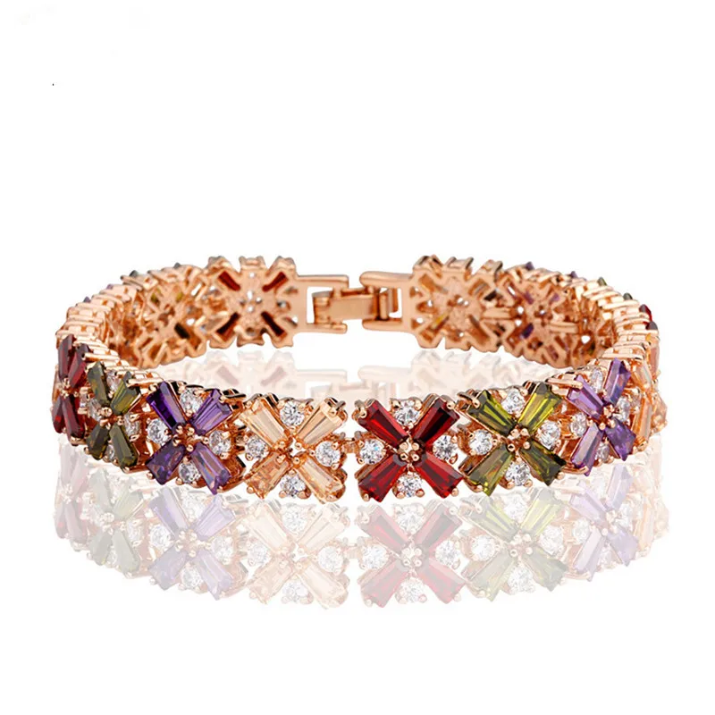 

Luxury 18K Rose/ Champagne Gold Plated Micro insert Multicolour Zircon Bracelet Bangles for Women Charm Bridal Wedding Bracelet