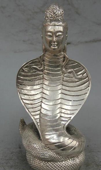 

8" Tibet Tibetan Buddhism Silver Snake Naga Kanya Mother Kwan-yin Goddess Statue R0710