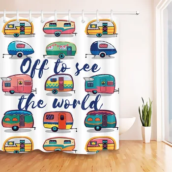 

High Quality Arts Shower Curtains Off To See The World Caravans Retro Style Travel Graphic Bathroom Decorative Bathroom Curtains