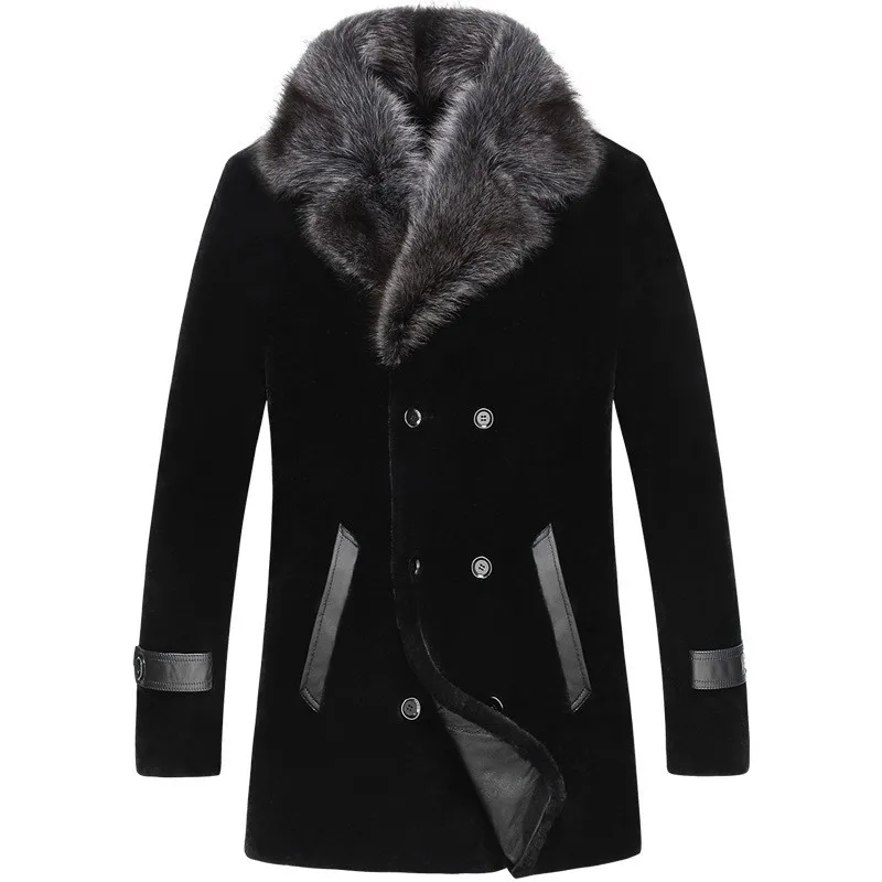 

Business Men Winter Work Luxury Raccoon Fur Collar Slim Fit Real Fur Jacket Warm Lamb Wool Coat Chaqueta Cuero Hombre Plus Size