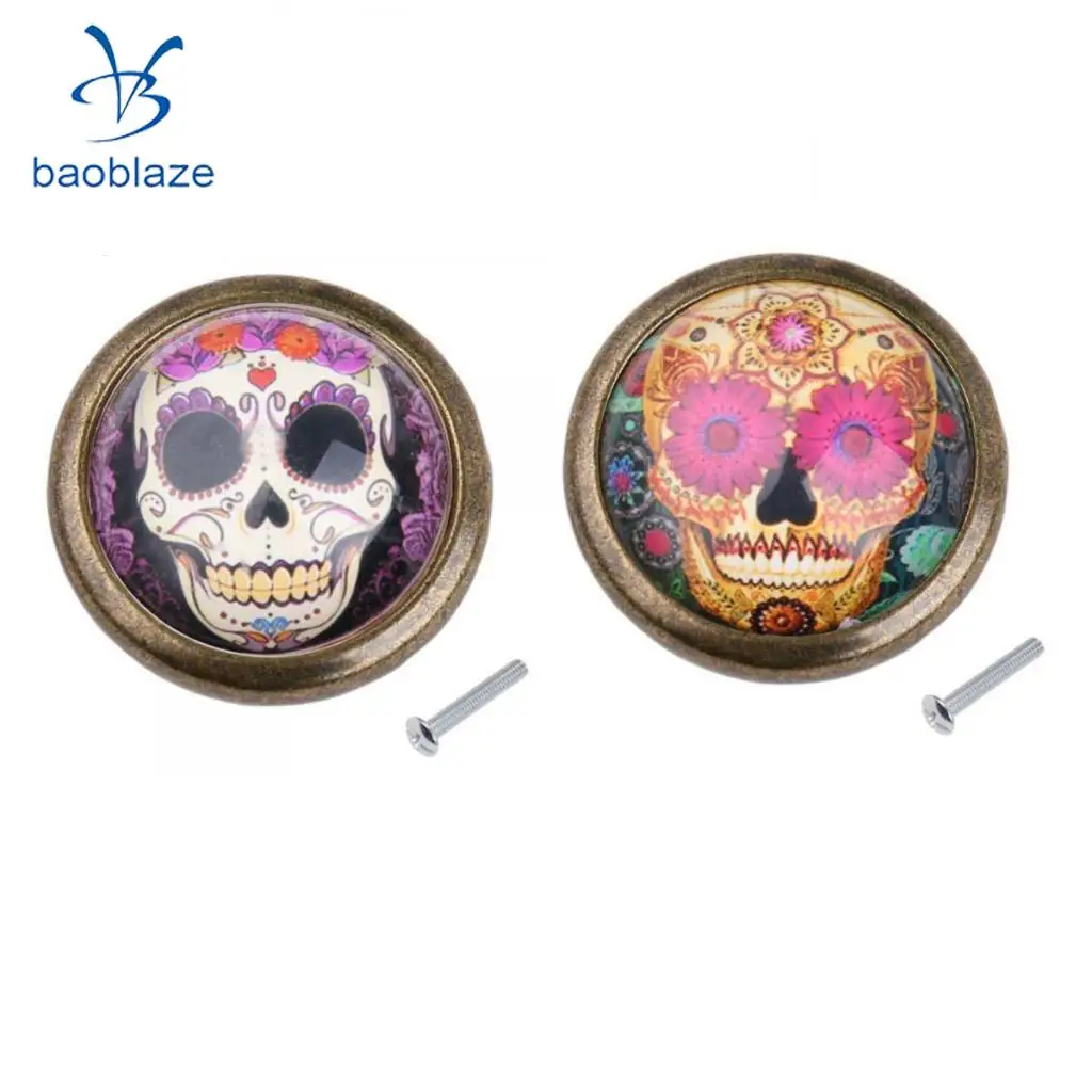 2pcs Vintage Brass Door Cabinet Cupboard Knobs Round Pull Handle Drawer Furniture Hardware - Skull