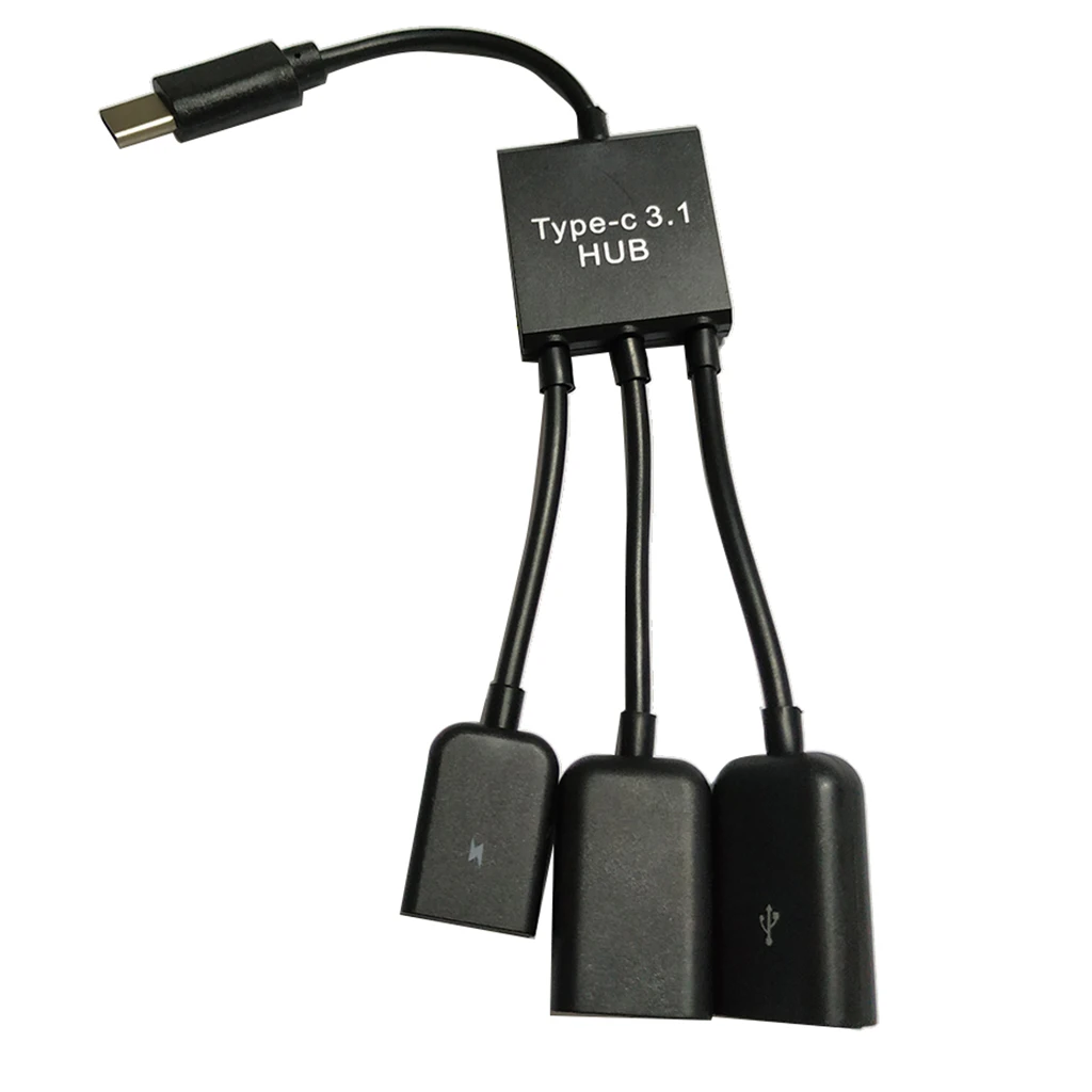 Type C Cable , 20cm 3 in 1 USB C Type C OTG Host to Micro USB + 2x USB2.0 Female Cable Hub Cord Adapter Connector Splitter Black