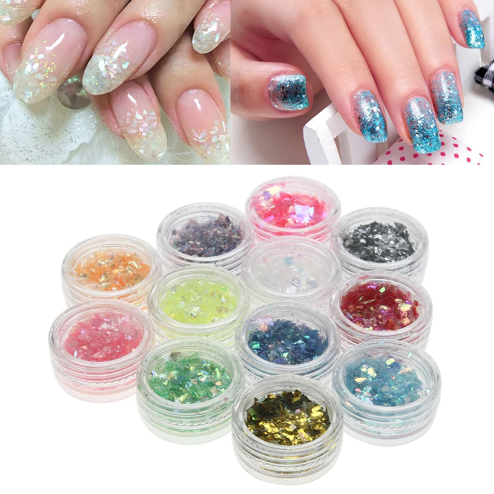 

12 Colors Flakes Nail Glitter Powder Bling Nail Powder Shimmer Nail Art Glitter Dust Shell Powder