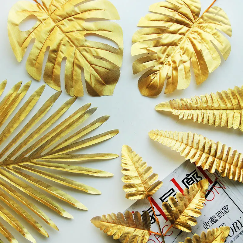 

5pcs Fake leaves Gold Plastic Artificial leaf Palm leaves Island Style DIY Wedding Decoration Green Plant Photo props Party dec