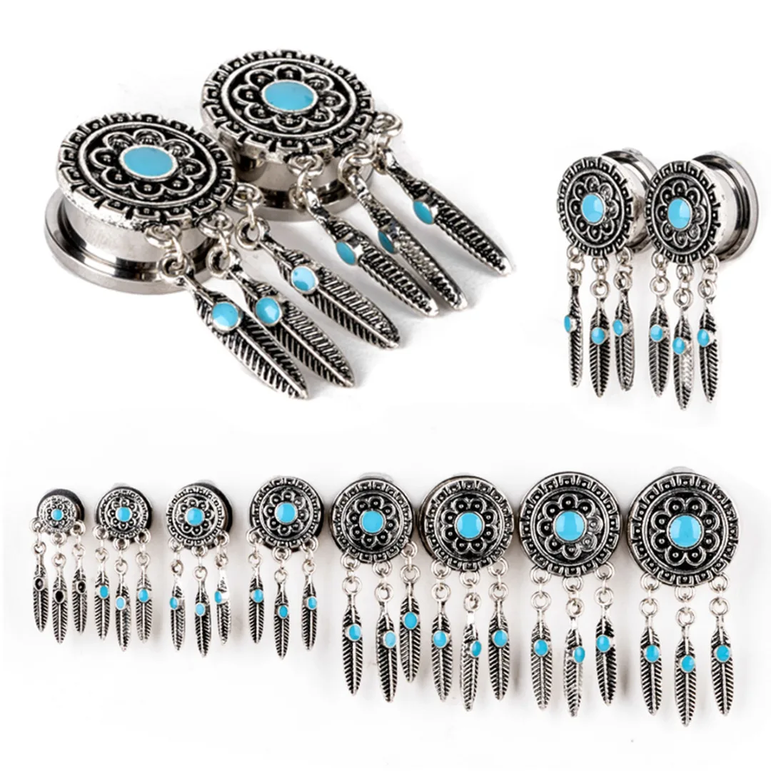 Boho Punk Tassel  Ear Flesh Tunnel Expander 1Pair Vintage Dreamcatcher Feathers Dangle Ear Plug Women Body Piercing Jewelry