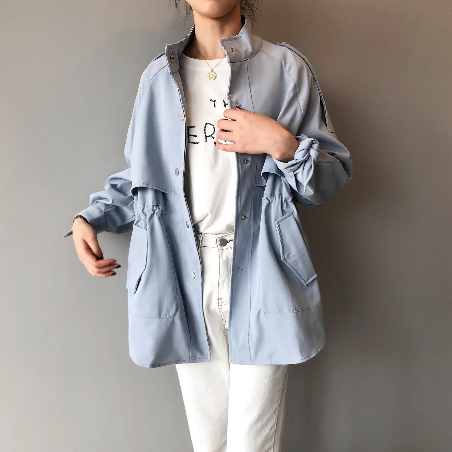 Женская одежда с длинным рукавом и стоячим воротником, Женское пальто средней длины цвета хаки, тренч для женщин, Casaco Feminino Harajuku Abrigo Mujer