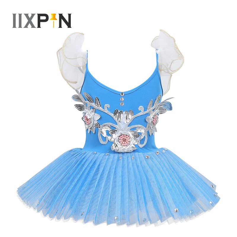 

2019 Girls Ballet Tutu Dress Spaghetti Shoulder Straps with Ruffles Shiny Sequins Flower Applique Dance Gymnastics Leotard Dress