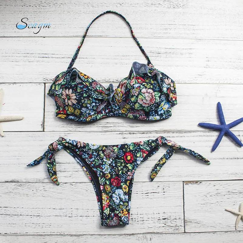 

falbala print bikinis 2019 mujer sexy bandage brazilian bikini set push up bikinis women's swimming suit biquini bathing suit 55