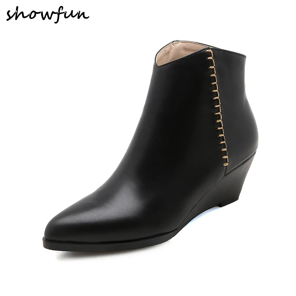 

3 Color Size 33-40 Women's Genuine Leather Wedge Pointed Toe Ankle Boots Brand Designer Handmade Comfortable Short Booties Shoes