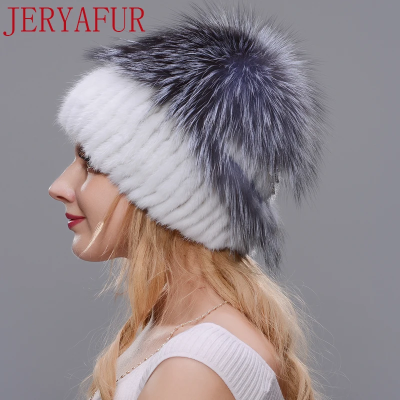 JERYAFUR, русская вязаная шапка, новинка, шапка из норки и лисы, шапка из натурального меха, шапка, зимняя женская Лыжная шапка, защита ушей