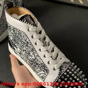 

Luxury Lace Up White Graffiti Leather Red Bottoms High Top For Men Shoes Silver Rivet Front Casual Models Flat Loafers