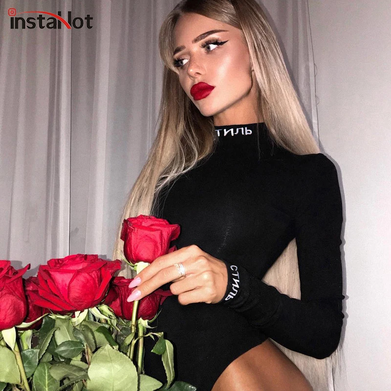 InstaHot Cotton Turtleneck Letter Print Bodysuits Women Autumn Sexy Long Sleeve Playsuits Black Bodycon Tops Female Solid Style InstaHot Cotton Turtleneck Letter Print Bodysuits Women Autumn Sexy Long Sleeve Playsuits Black Bodycon Tops Female Solid Style