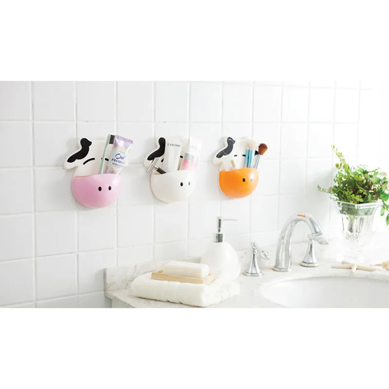 

Popular 1PCS Cute Cartoon Cow Kitchen Sundries Rack Holder Bathroom Toothbrush Hanger Vacuum Suction Keys Storage Box