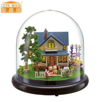 

Furniture DIY Doll House Wodden Miniatura Doll Houses Furniture Kit Glass Cover Assemble Dollhouse Toys For Children gift B14