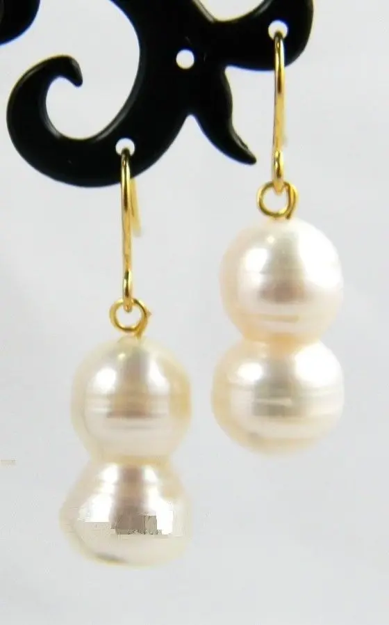 

AAA 11-13mm natural Australian south sea white pearl gourd earrings 14k/20 gold