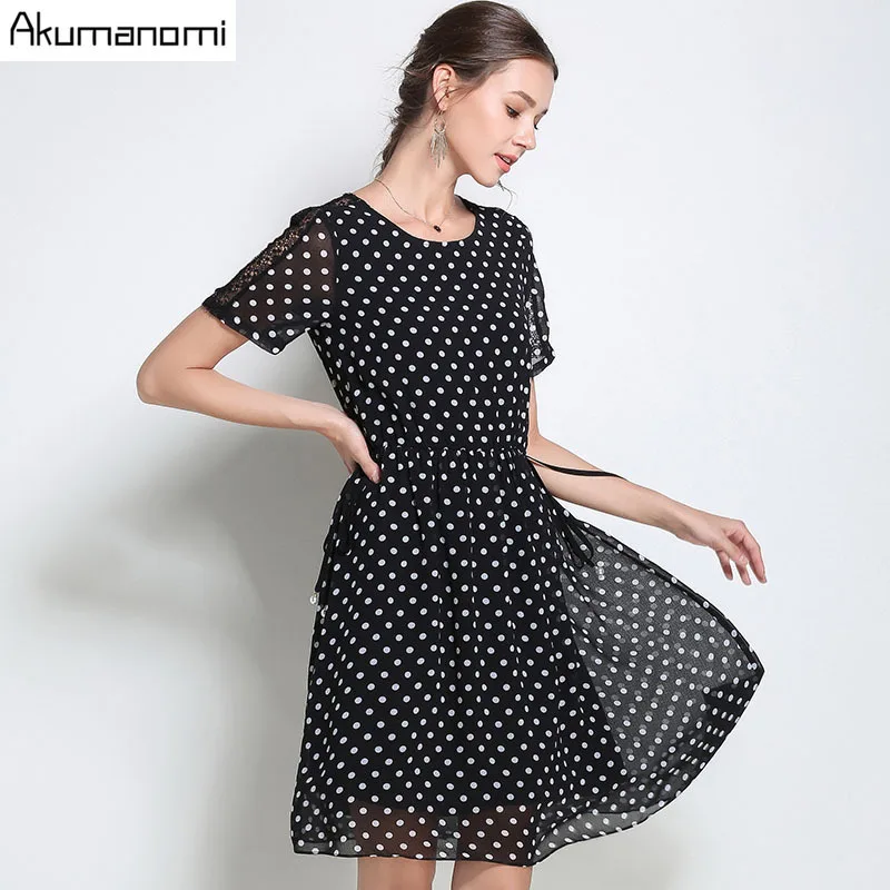 

Summer Dot Chiffon Dress Women Clothing Blace O-neck Lace Patchwork Short Sleeve Lace-up Waist Dress Plus Size 5XL 4XL 3XL 2XL-M