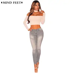 Ум ноги стрейч узкие джинсы для Для женщин 2018 г. пикантные рваные джинсовые штаны Lady Push Up Хип карандаш брюки женские серые брюки
