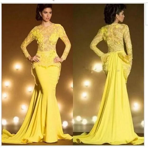 

Saudi Arabia Dubai Mermaid Elegant Evening Dresses 2016 Sexy Yellow Formal Prom Gowns Kaftan Lace Long Sleeve Robe De Soiree HJ5