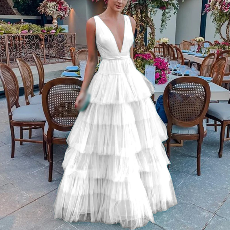 

Sexy Women Dress Ladies Pure Color Ruffles Summer Deep V Neck Fashion Wedding Sleeveless Bridesmaid Party Dress Elegant