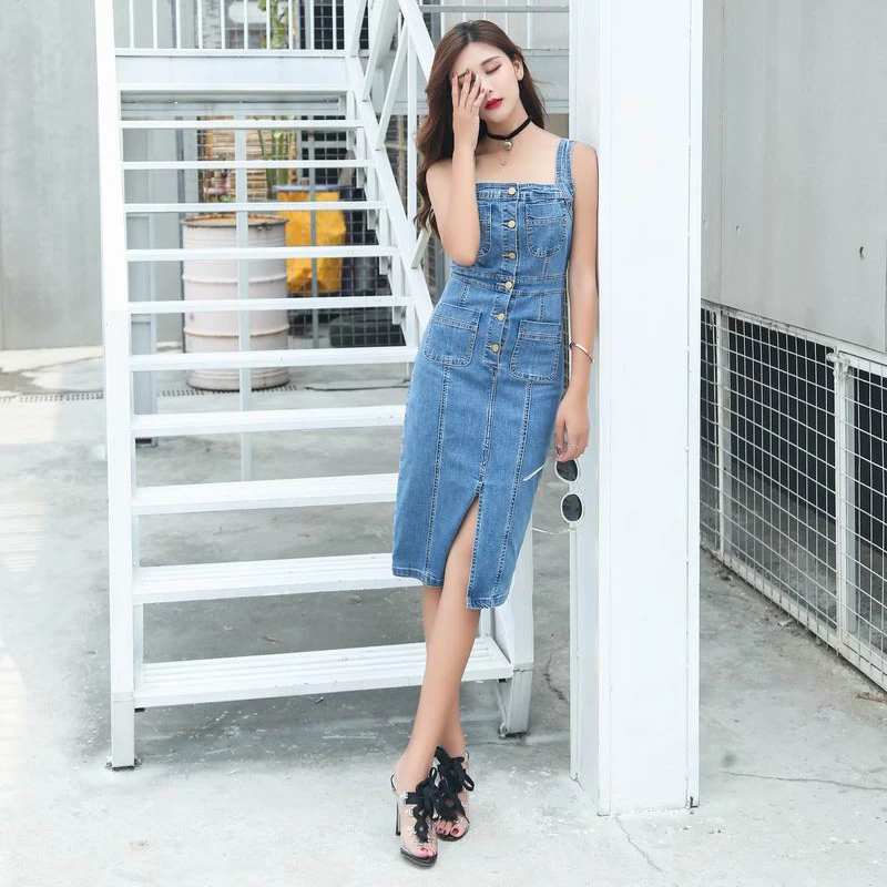 

New 2018 Summer Style Loose Sweet Jeans Dress Women Washed Suspender Denim Sundress Split Button Denim Overall Dress Color Blue