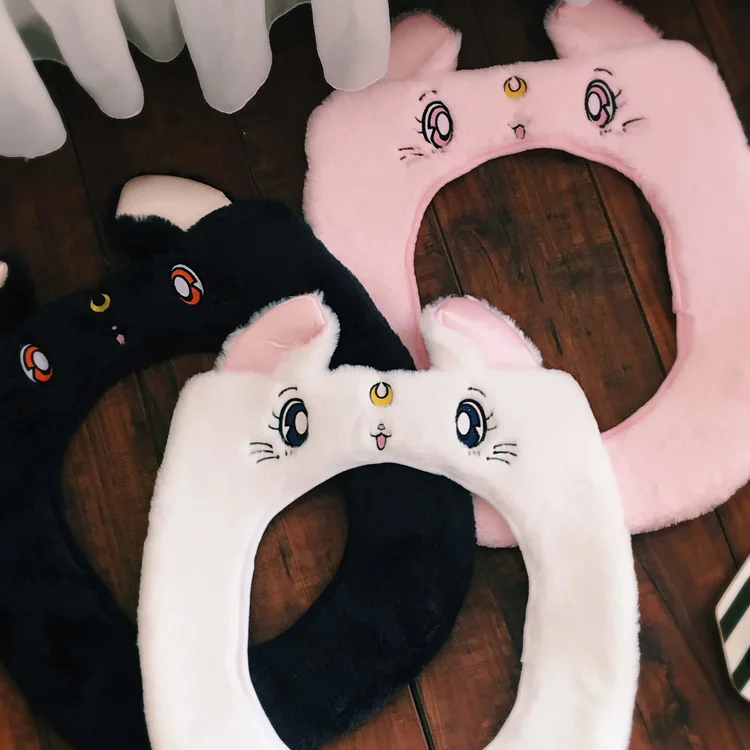 

Anime Sailor Moon Luna Cat Printed Plush Bathroom Toilet Bowl Cushion Seat Winter Warmer Mat Soft Stuffed Cover Pad Washable Toy