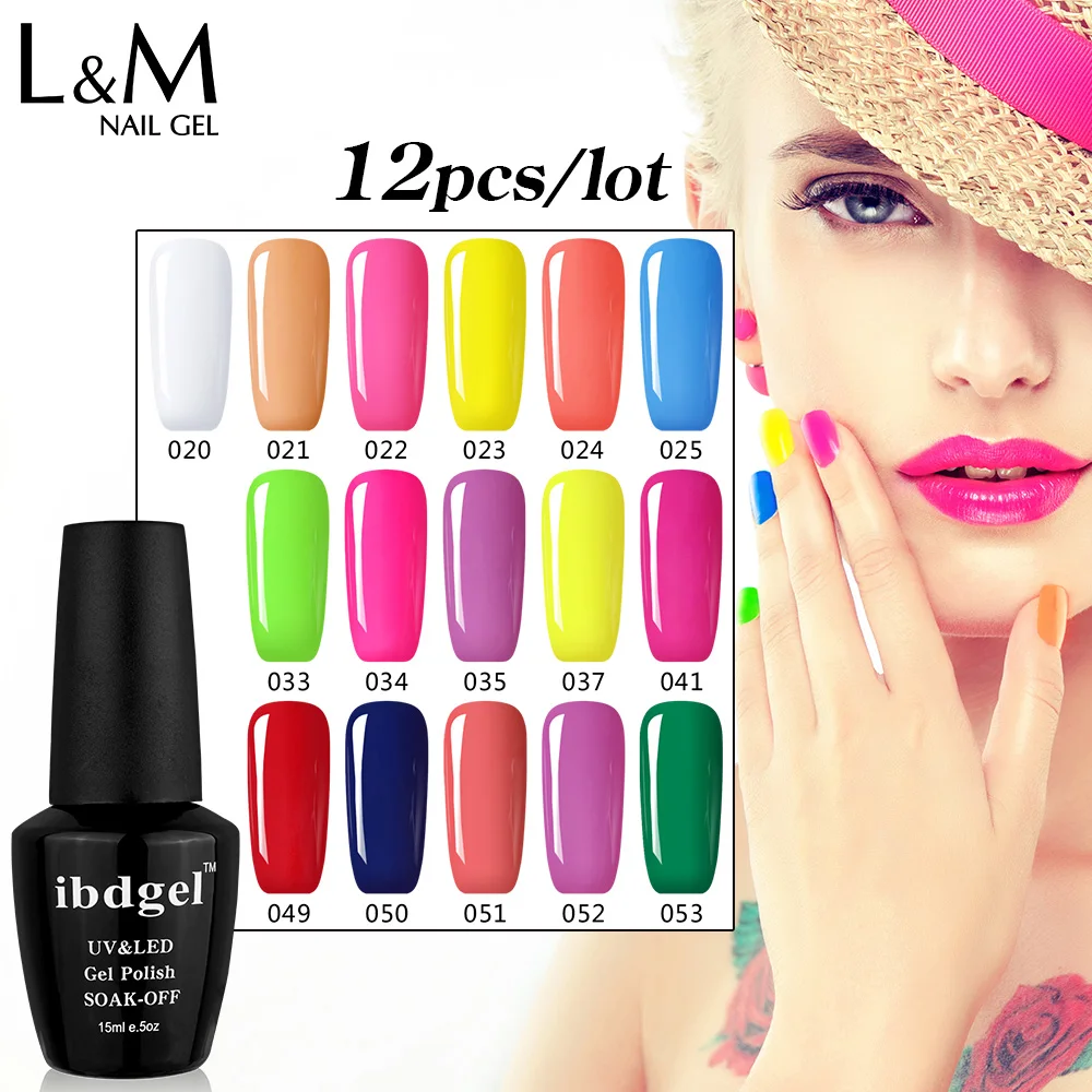 12 Pcs ibdgel Gel Nail Polish Glitter 610 Color Pretty UV Gel Polish Nail Art Manicure 15ml Varnish Lacquer Soak Off Gel Polish