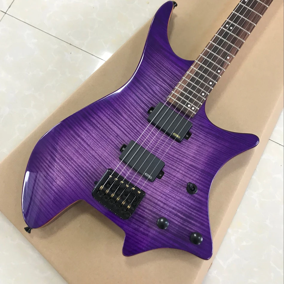 

High quality Headless Electric Guitar with Flamed Maple top,Rose wood finge,Black Hardware,All color,Real photo,Gihaiy