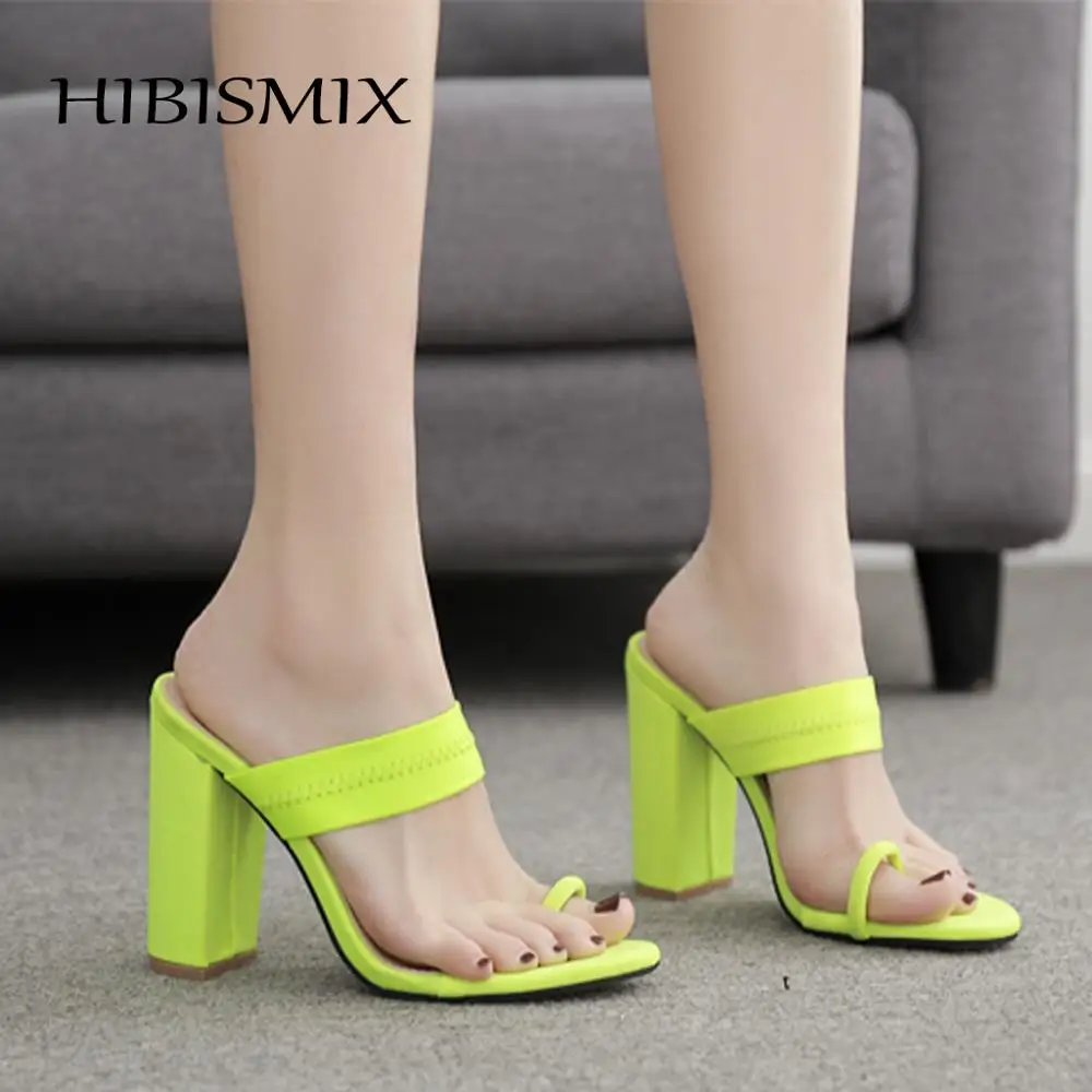 

HIBISMIX Summer Green Women Slippers Fashion High Heels Slides 2019 Ladies Simple Sexy Square Heeled Slippers 2294