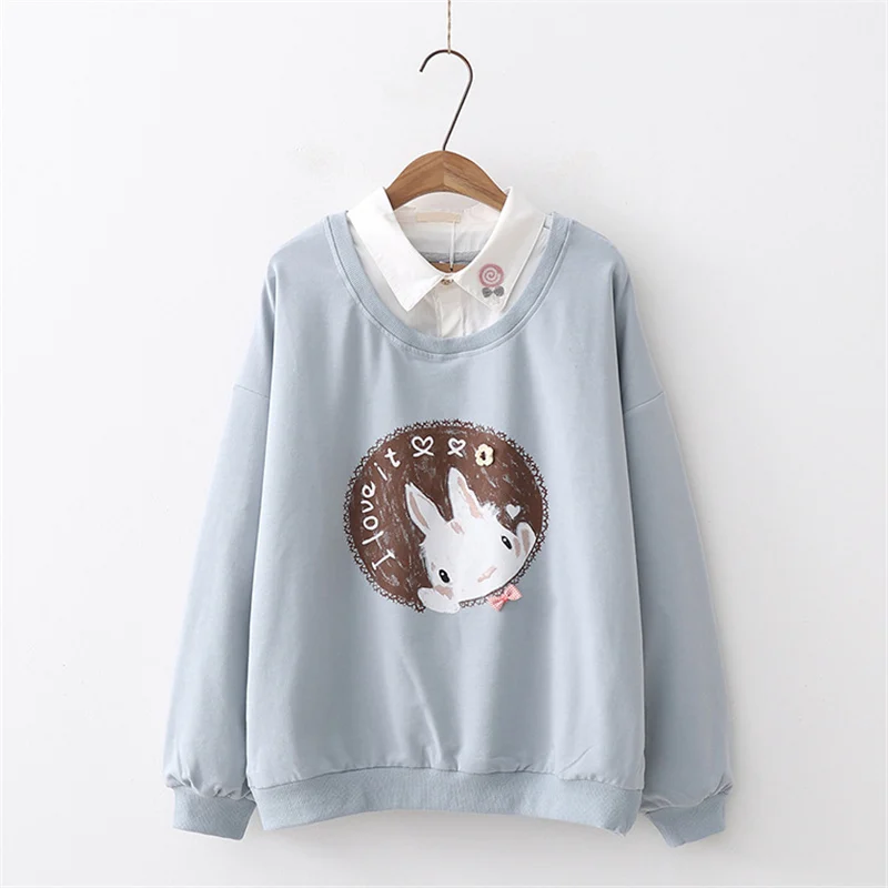 Осень Новые женские толстовки Толстовка Harajuku Кролик Печатных Симпатичные поддельные двойка пуловеры для женщин Топ джемпер FZ59
