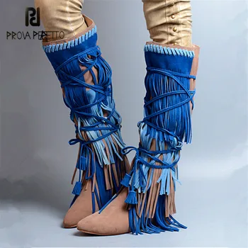 

Prova Perfetto Fashion Fringed Women Knee High Boots Suede Female Height Increasing Winter Boots Platform Rubber Flat Shoes