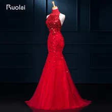 Real Photo Luxury Pesado Lantejoulas Sereia Sexy Vestido de Noite Alta Pescoço Tule Longos Vestidos de Noite Vestido de fiesta largo ASAFE10