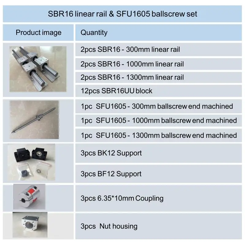 6 компл. SBR16 линейная направляющая+ шариковые винты RM1605 SFU1605 шариковый винт+ BK/BF12+ гайка Корпус+ муфты для ЧПУ частей - Цвет: SBR16-300-1000-1300