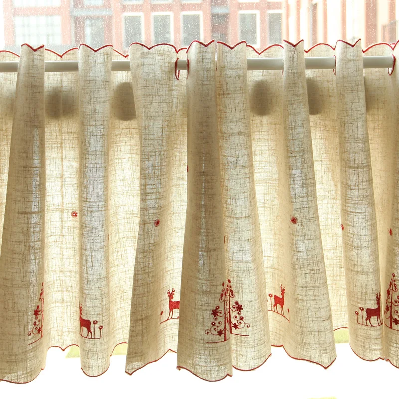 

Pastoral Shade Kitchen Curtains Deer Embroideried Coffee Shop Half Curtain Door Cortina Short Panel Drapes Valance for Christmas