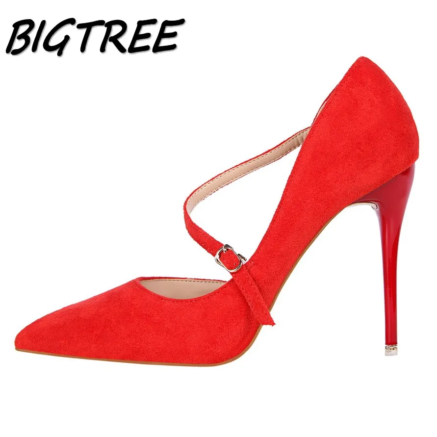

BIGTREE summer women Pointed Toe High heel shoes woman flock shallow pumps ladies Buckle Strap side hollow out Eur USA shoes