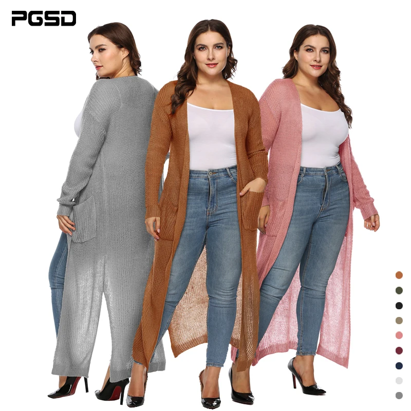 

PGSD Big size Women Clothes Simple pure color Long sleeves pocket Thickened long knitted Forking sweater Cardigan female XXXL