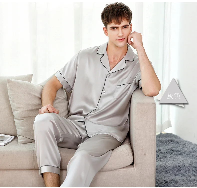 2xl Мужские пижамные комплекты шелк 2019 человек лето сплошной цвет синий красный с короткими рукавами длинные штаны пижамный комплект пижамы